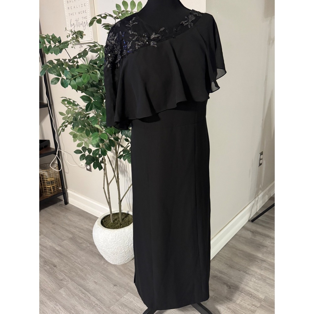 JJ's House Black Asymmetrical Ruffle Maxi Dress Sequin Embroidered Formal Gown